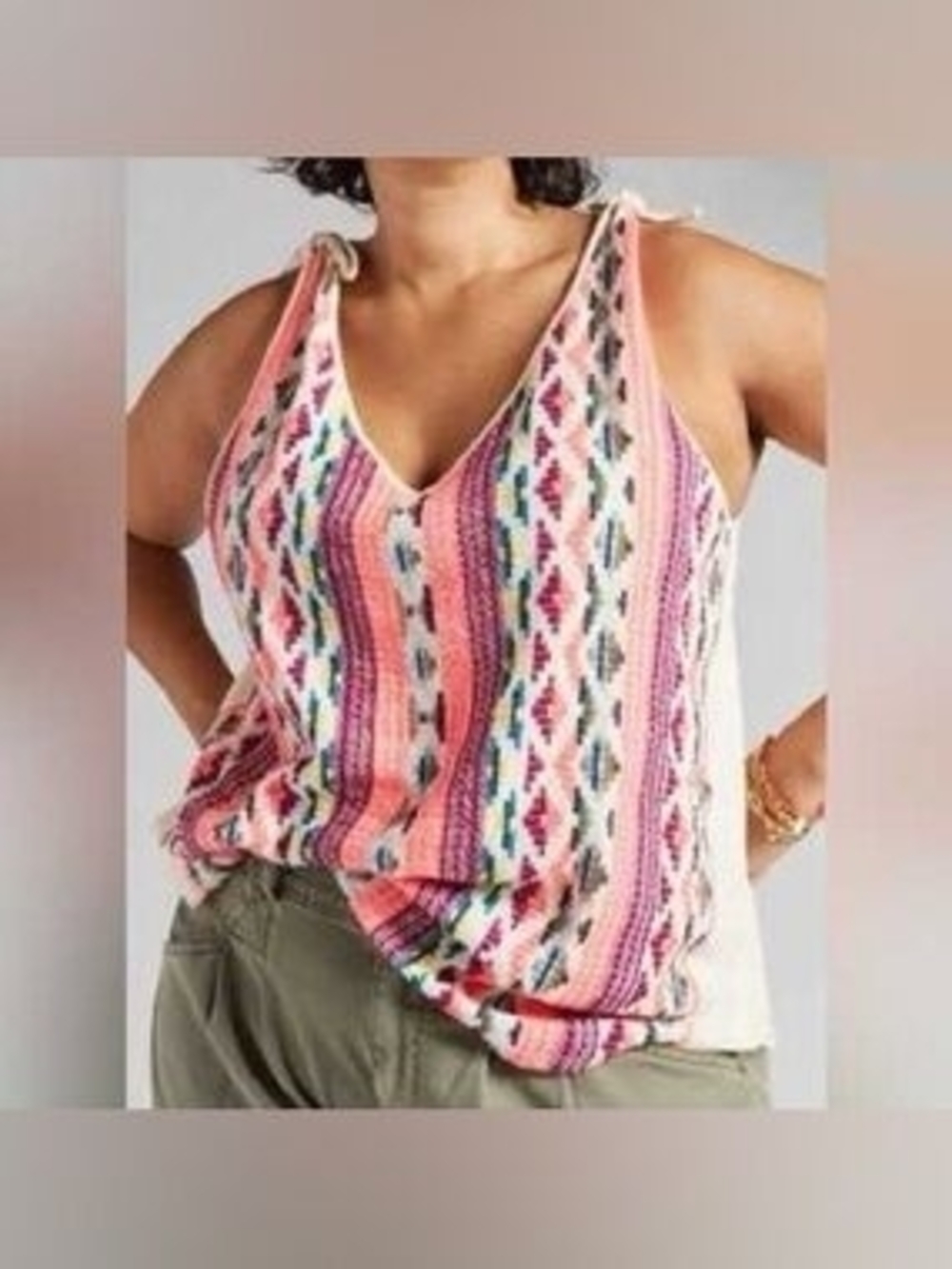 Dolan By Anthropologie Pink Multicolor V-Neck Tie-Shoulder Knit Tank